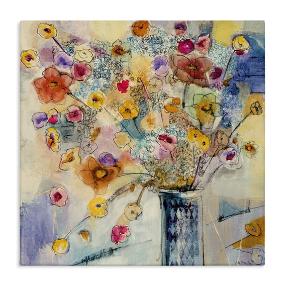 Painted Flowers Line Drawing Botanical & Floral Gallery-Wrapped Canvas Print Wall Art, 17x17