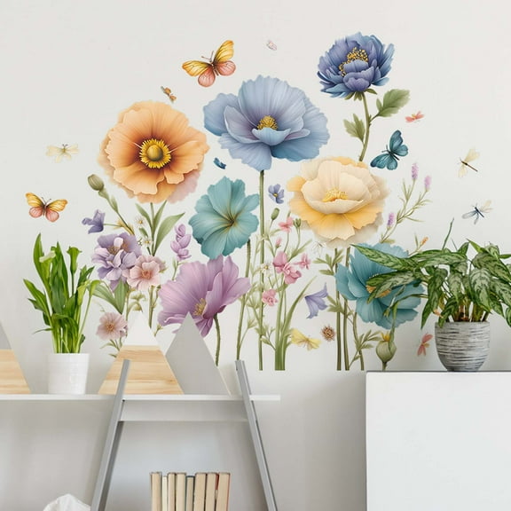 Painted Flowers Wall Stickers, Elegant Floral Design for Bedroom & Living Room Decor, Easy Peel & Stick, Removable & Fade-Resistant, 2-Pack (30x60cm Each)