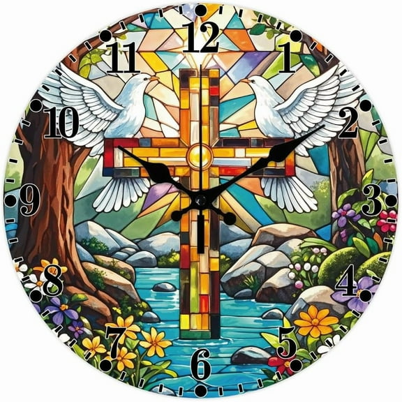 Painted Glass Pattern Wall Clock 12 Inch Non-Ticking and White Dove Pattern Clocks Round Wall Hanging Clock Battery Operated