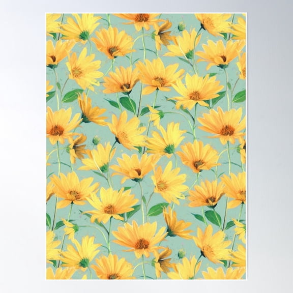 Painted Golden Yellow Daisies On Soft Sage Green Poster Wall Art, Modern Wall Decor For Living Room Bedroom, 8x12 UNFRAMED