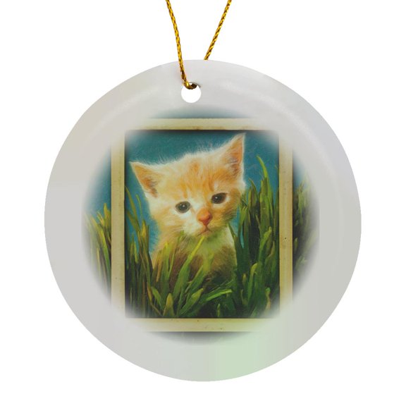 3drose, Painted Kitten in Grass, Circle Porcelain Ornament