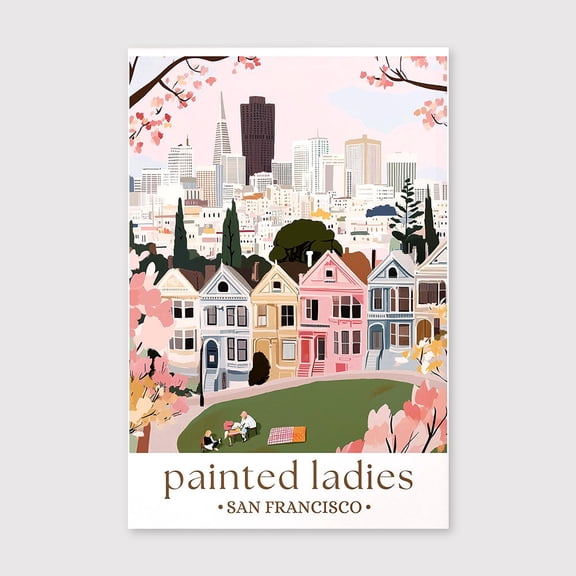 Painted Ladies San Francisco Print, Victorian Houses Canvas, Illustrated California Wall Art