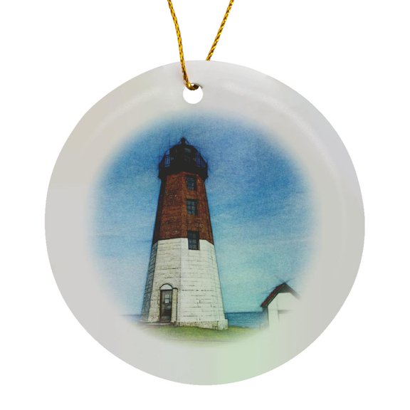 3drose, Painted Lighthouse on Grassy Hill, Circle Porcelain Ornament