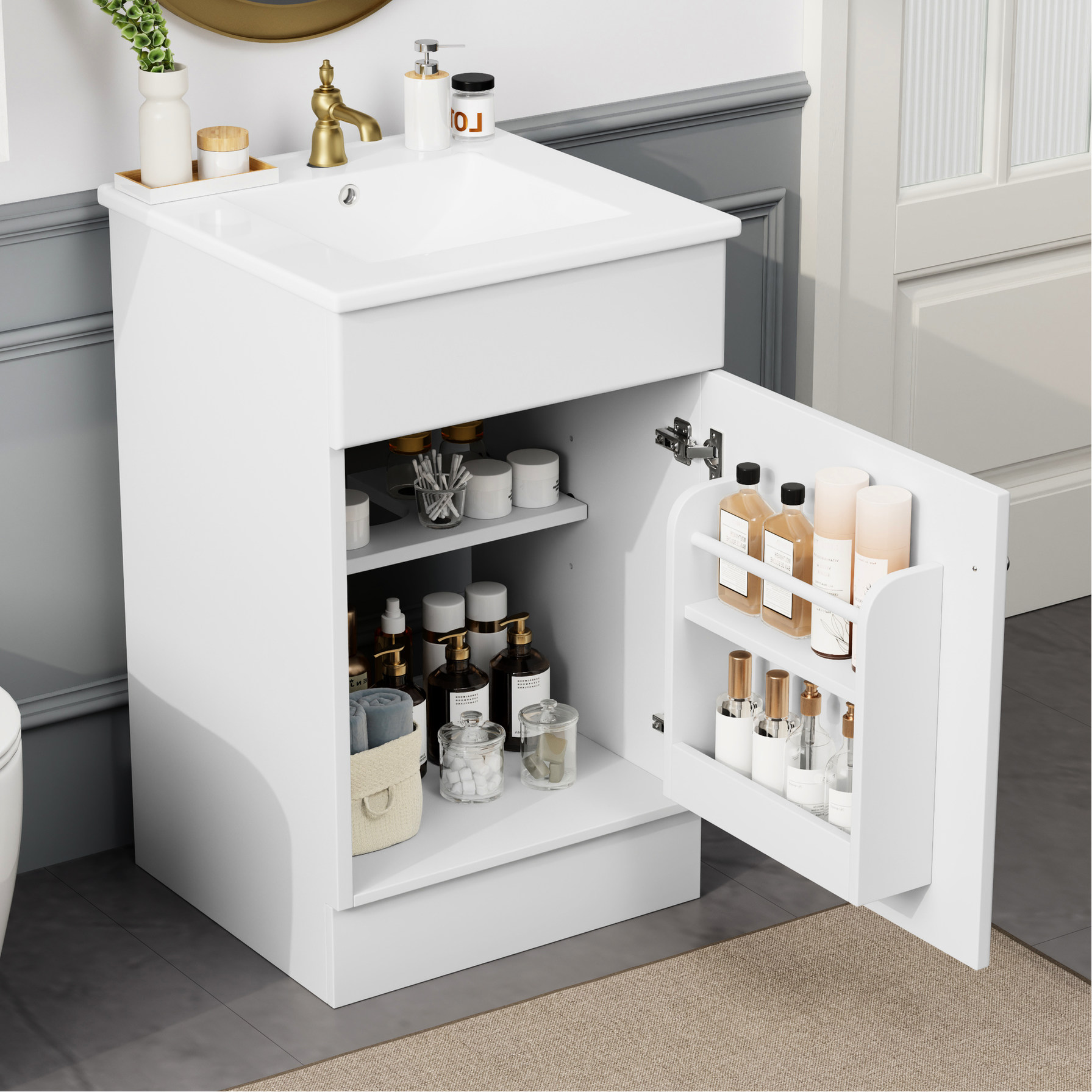 Painted MDF Bathroom Vanity with Storage+Chrome Overflow