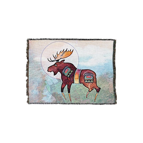 Painted Moose Woven Throw Blanket, 100% Cotton, Fringed Edges