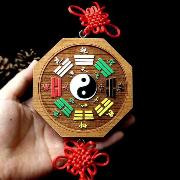 Painted Peach Wood Bagua Mirror Taiji Nine Palace Hanging Feng Shui Decoration for Home Entryway Protection Use