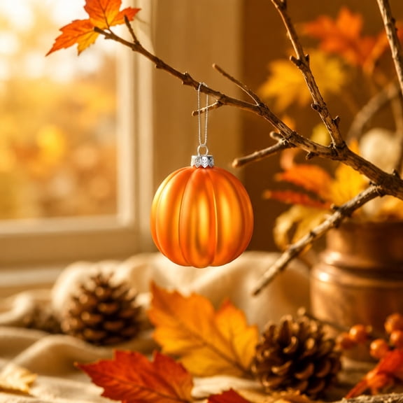 Painted Pumpkin Ball Ornament, 10pc Artificial Tree Decor, Indoor Tabletop Shelf Display, Handcrafted Painted Design Build, Autumn Harvest Home Accent Gift Gift