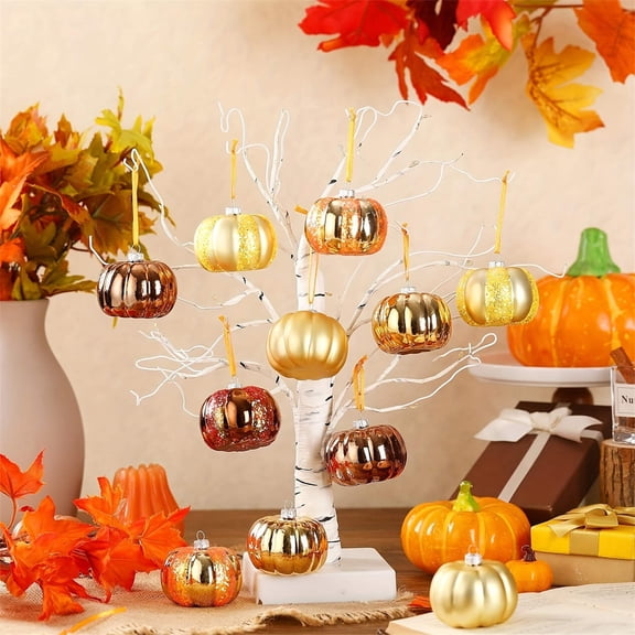 Painted Pumpkin Ball Ornament, 12pc Artificial Tree Decor, Indoor Tabletop Shelf Display, Handcrafted Painted Design Build, Autumn Harvest Home Accent Gift Gift