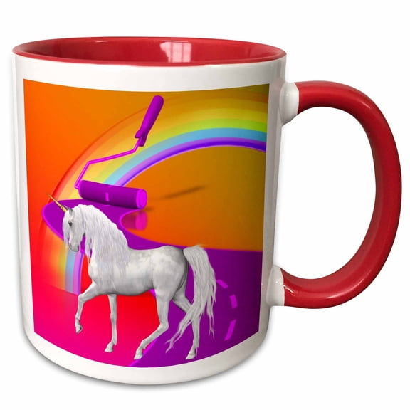 3drose, Painted Rainbow with Beautiful White Unicorn, 11oz Two-tone Red Mug
