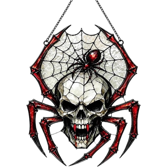 Painted Skull and Spider Web Hanging Ornament, Halloween Decor Gothic Decoration with Translucent Light Catching Design, Spooky Hanging Ornament for Window Garden