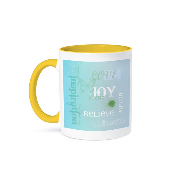 3drose, Painted Sky Joy Rising- Inspirational Words- Motivational, 15oz Two-tone Yellow Mug