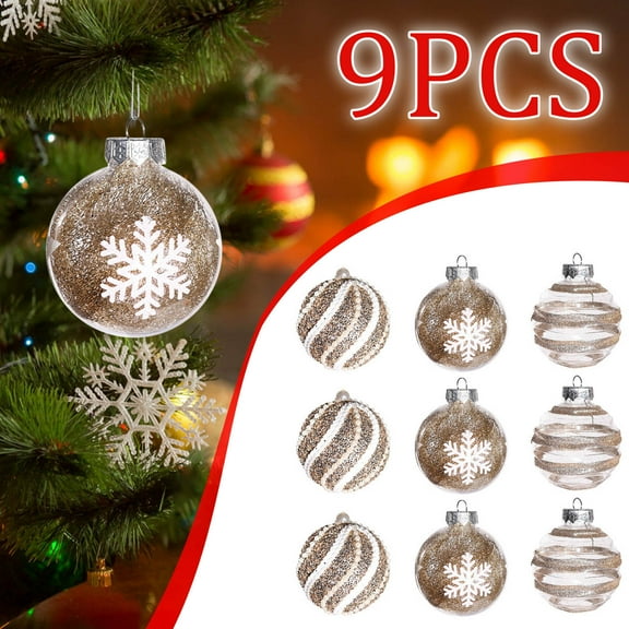 Painted Transparent Christmas Ball Ornaments, 9-Piece Set Plastic Holiday Tree Decorations, Festive Ornament Balls for Xmas Wreath Home Party Decor, Elegant Painted Design Christmas Decorating Kit