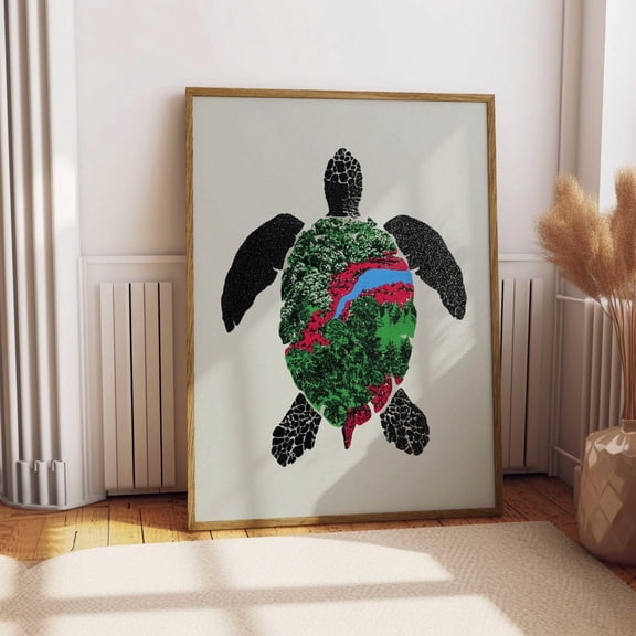 Painted Turtle Forest Landscape Retro Eco Cottagecore Poster Art, Unframed Poster