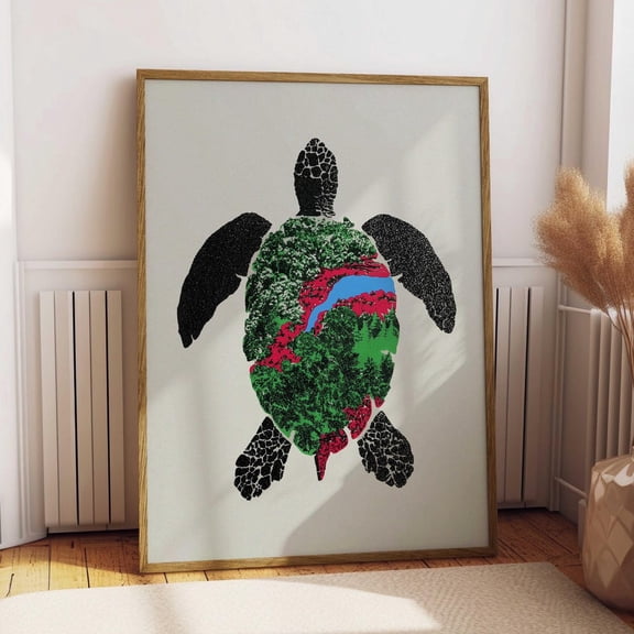 Painted Turtle Poster Forest Landscape Painting Outdoorsy Wall Decor Retro Art Print Eco Wall Art Cottagecore Decor Nature Lover Gift