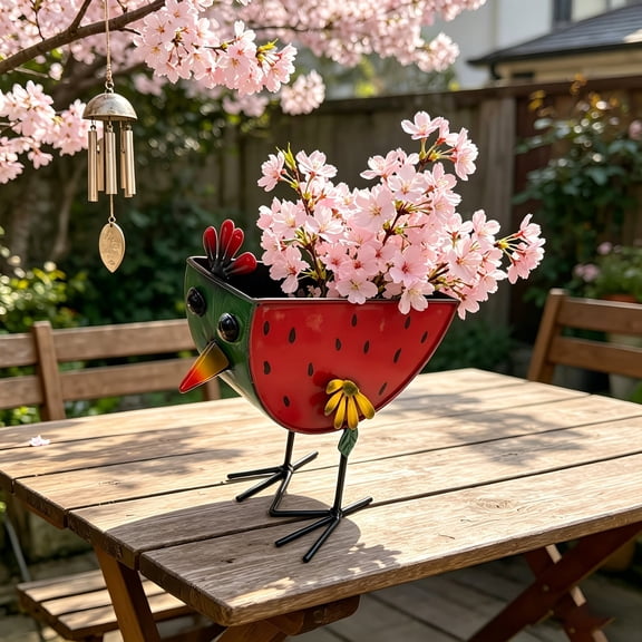 Painted Watermelon Chicken Shaped Metal Bonsaier Pot, Decorative Iron Flower Bonsai Container, Standing Pot for Herb Small Bonsais Garden Tabletop Home Decor, Multicolor