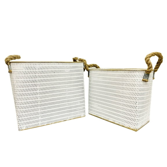 Painted White Embossed Metal Bins with Decorative Jute Handles - Set of 2