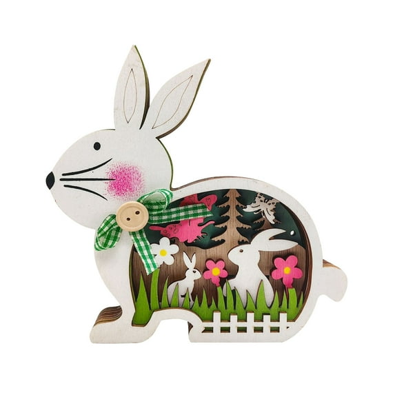 Painted Wood Easter Bunny - Hand-Crafted Colorful Wooden Rabbit Statue, Folk Art Style Easter Decorations for Shelf, Mantel & Holiday Gift B