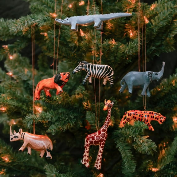 Painted Wood Safari Animals Ornament Set of 7