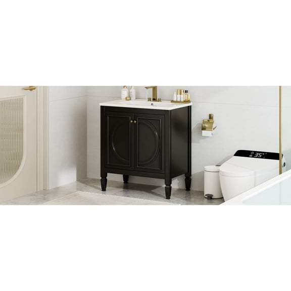 Painted finish and chrome - finish overflow | Bathroom vanity with door shelf and functional drawer | Compatible with 4" centercet faucet for convenience