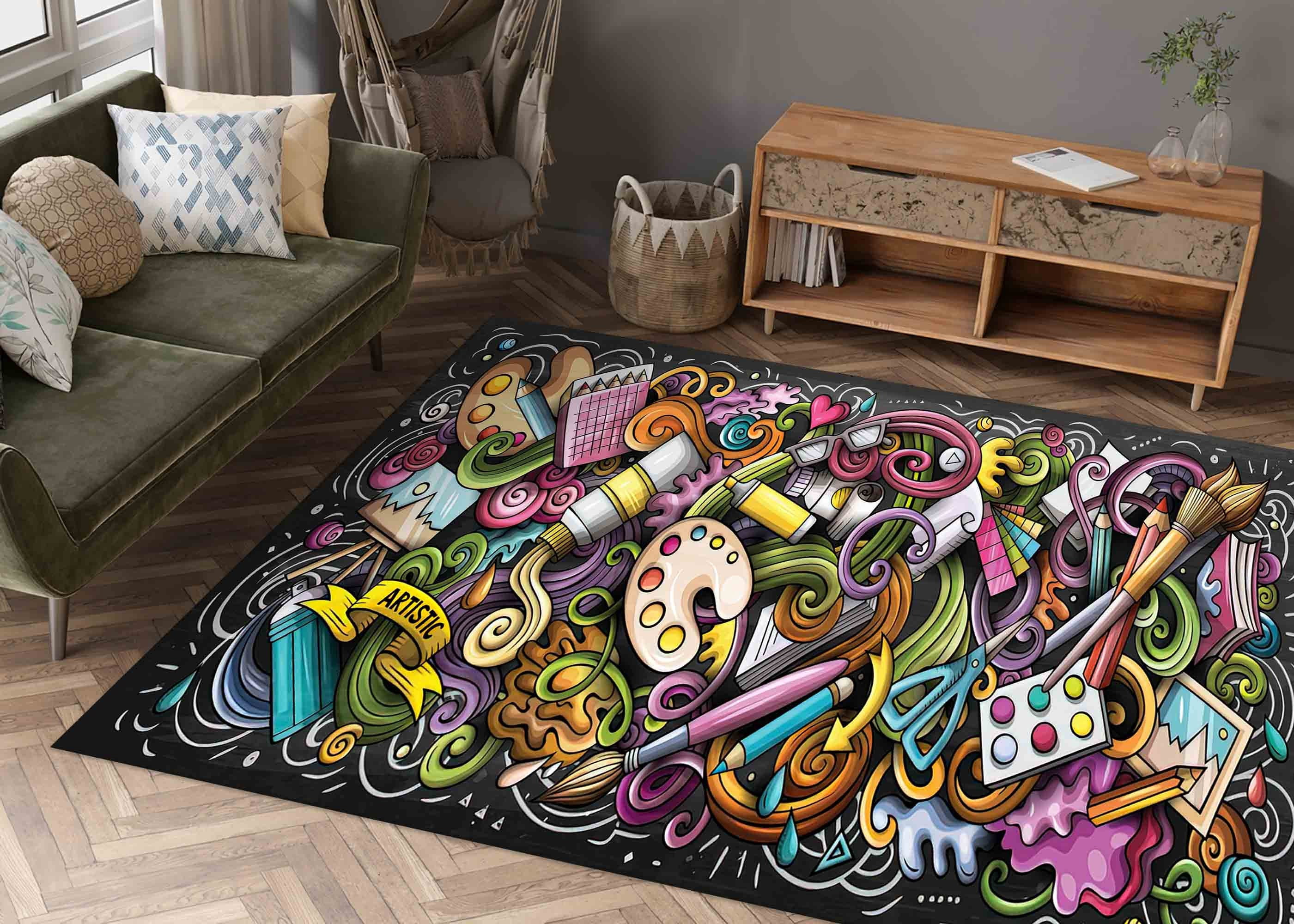 Hobby Thread Rug Painter Rug, Colorful Rug, Brushes Rug, Artistic Rug, Hobby Room Rug ...