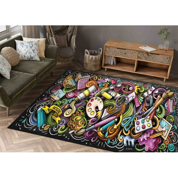 Painter Rug, Colorful Rug, Brushes Rug, Artistic Rug, Hobby Room Rug, 3D Printed Rug, Luxury Rug, Modern Rugs, Non Slip Rug, Hallway Rug, 1.7'x2.3' - 50x70 cm