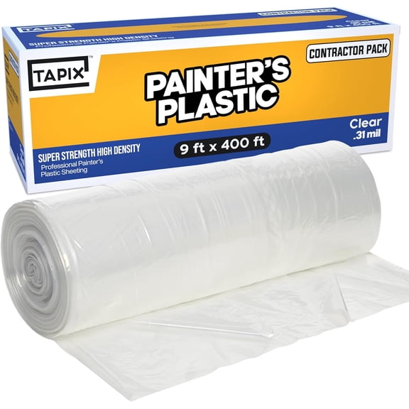 Painter's Plastic Film, 400' Length x 9' Width High, High Density Painters Plastic Sheeting Roll in Box with Dispense Hole for Easy Paint Plastic Covering
