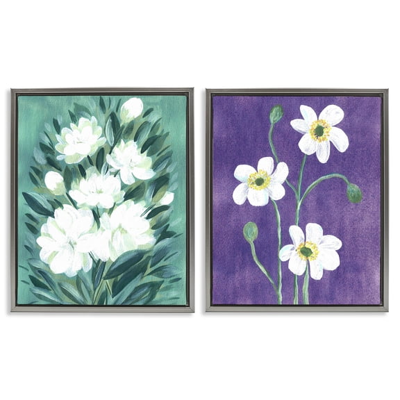 Stupell Industries Painterly Jasmine & Poppies 2 Piece Gray Framed Floater Canvas Set, design by Camila Juncos
