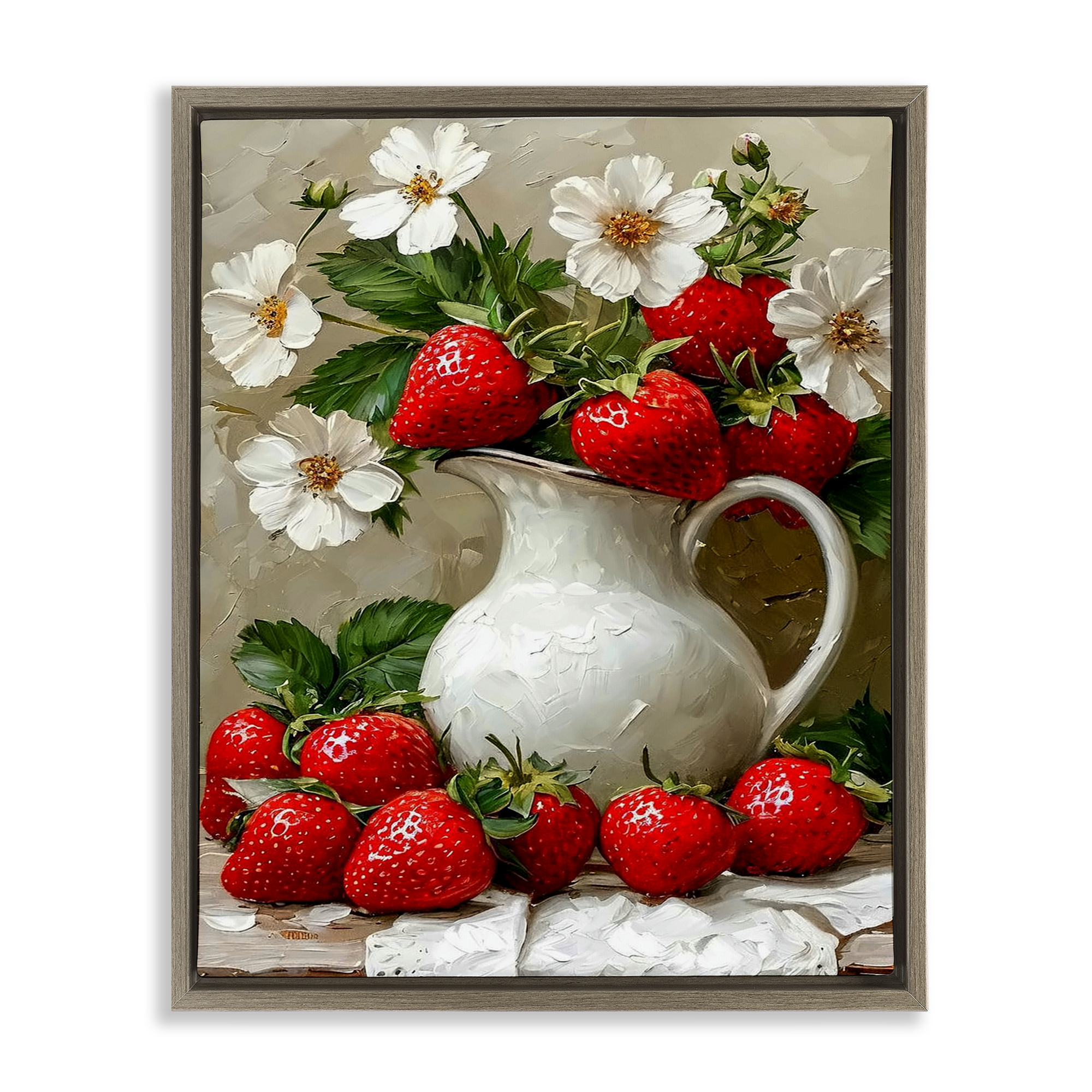 Painterly Strawberries Still Life Brown Framed Floater Canvas Wall Art, design by Lettered and Lined