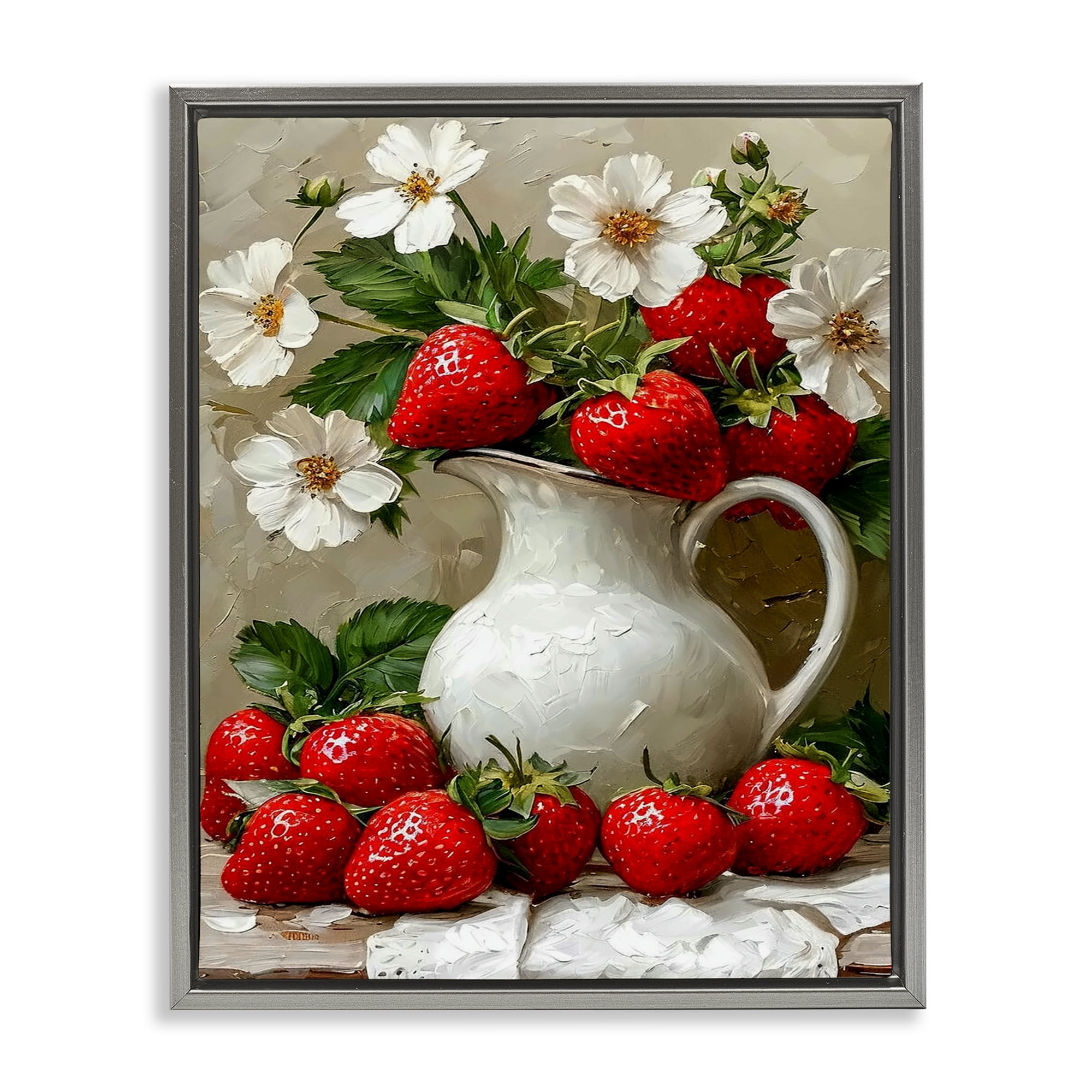 Painterly Strawberries Still Life Gray Framed Floater Canvas Wall Art, design by Lettered and Lined
