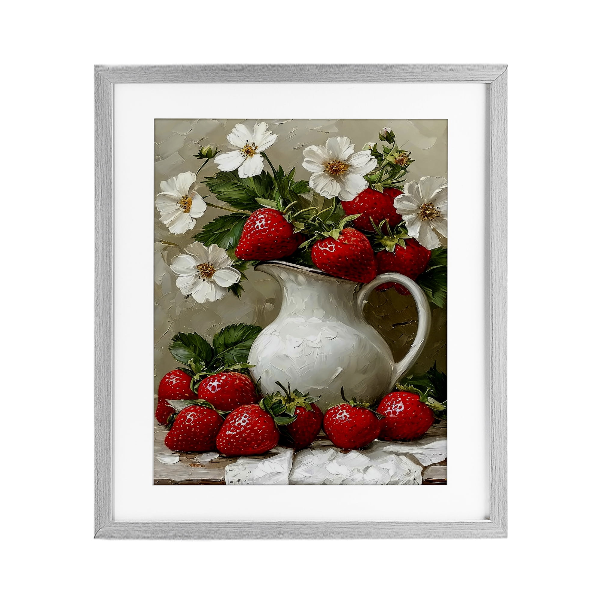 Painterly Strawberries Still Life Gray Framed Print Under Glass, design by Lettered and Lined