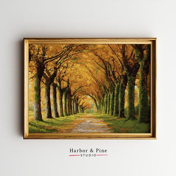 Painterly Tree-Lined Pathway Golden Autumn Serene Landscape, UNFRAMED Size 16x16