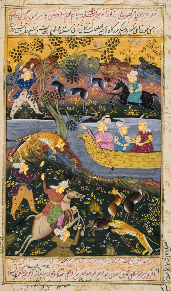 Painting From 17Th Century Persian Manuscript Men On Horseback Hunting Tiger And Deer Men And Woman In Boat On River Or Lake Man Fishing From Boat Canvas Art - Ken Welsh Design Pics (11 x 19)
