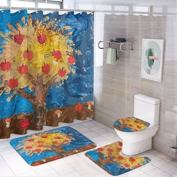 Painting Of An Apple Tree With Red Apples 4 Piece Shower Curtain Sets Non-Slip Rugs And Toilet Mat Lid Rug Accessories Apples Harvest Waterproof Durable Bathroom Decor Shower for Bathroom Decor