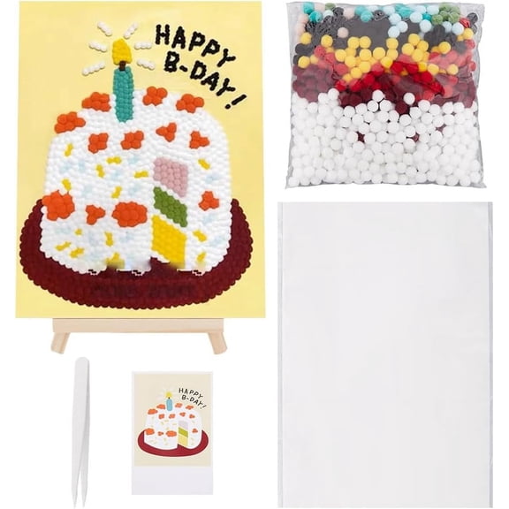 Painting Art Colorful Small Fluffy Balls Birthday Cake Drawing Board Pictures Craft with Wood Easels Photo Frame Pompoms Art Kit for Home Painting Art Supplies DIY Crafts