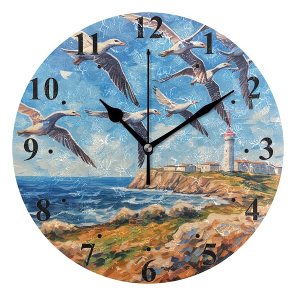 Painting Birds Sea Towers Black 10 inch Wall Clocks Non Ticking Easy to Read Battery Decorative for Home Bathroom Kitchen Bedroom Living Room