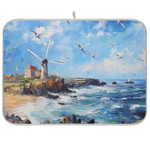 Painting Birds Tower Sea Dish Drying Mat Dish Drainer Rack Mats Water Absorbent Non-Slip Easy Clean Heat Resistant for Kitchen Counter