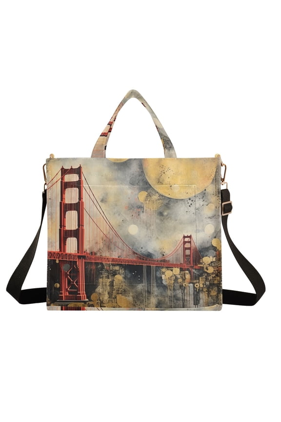 Painting Bridge and Moon Corduroy Tote Bag Handbag Large Messenger Bag Shoulder Crossbody Zipper Bag Purse