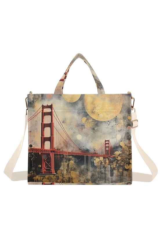 Painting Bridge and Moon Corduroy Tote Bag Handbag Large Messenger Bag Shoulder Crossbody Zipper Bag Purse