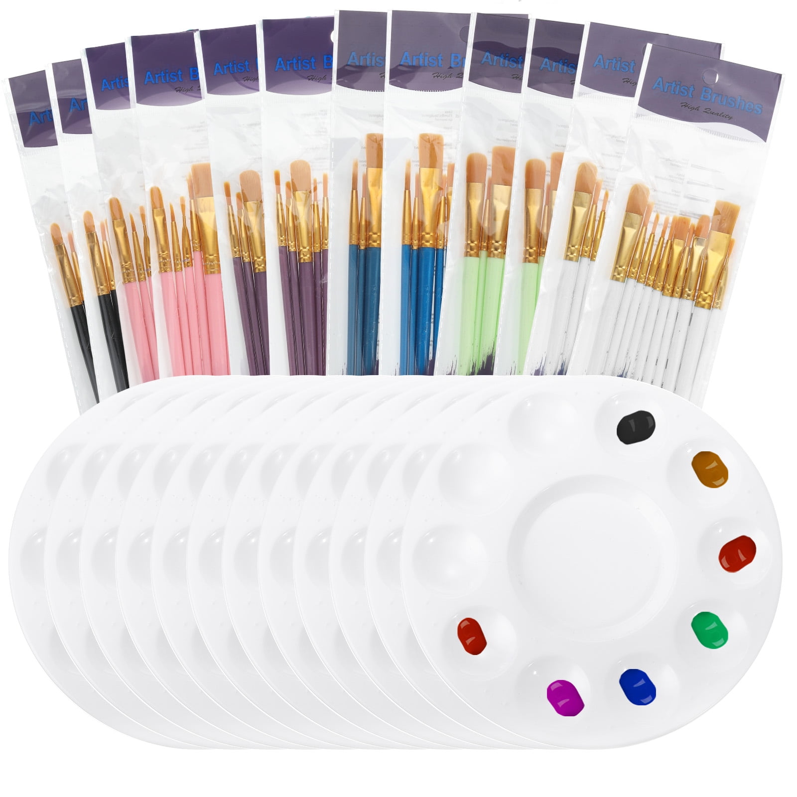 Painting Brush Palette Set with 120pcs Nylon Hair Paint Brushes and 12pcs Round Paint Tray Palette for Oil Watercolor Art, 6 Colors