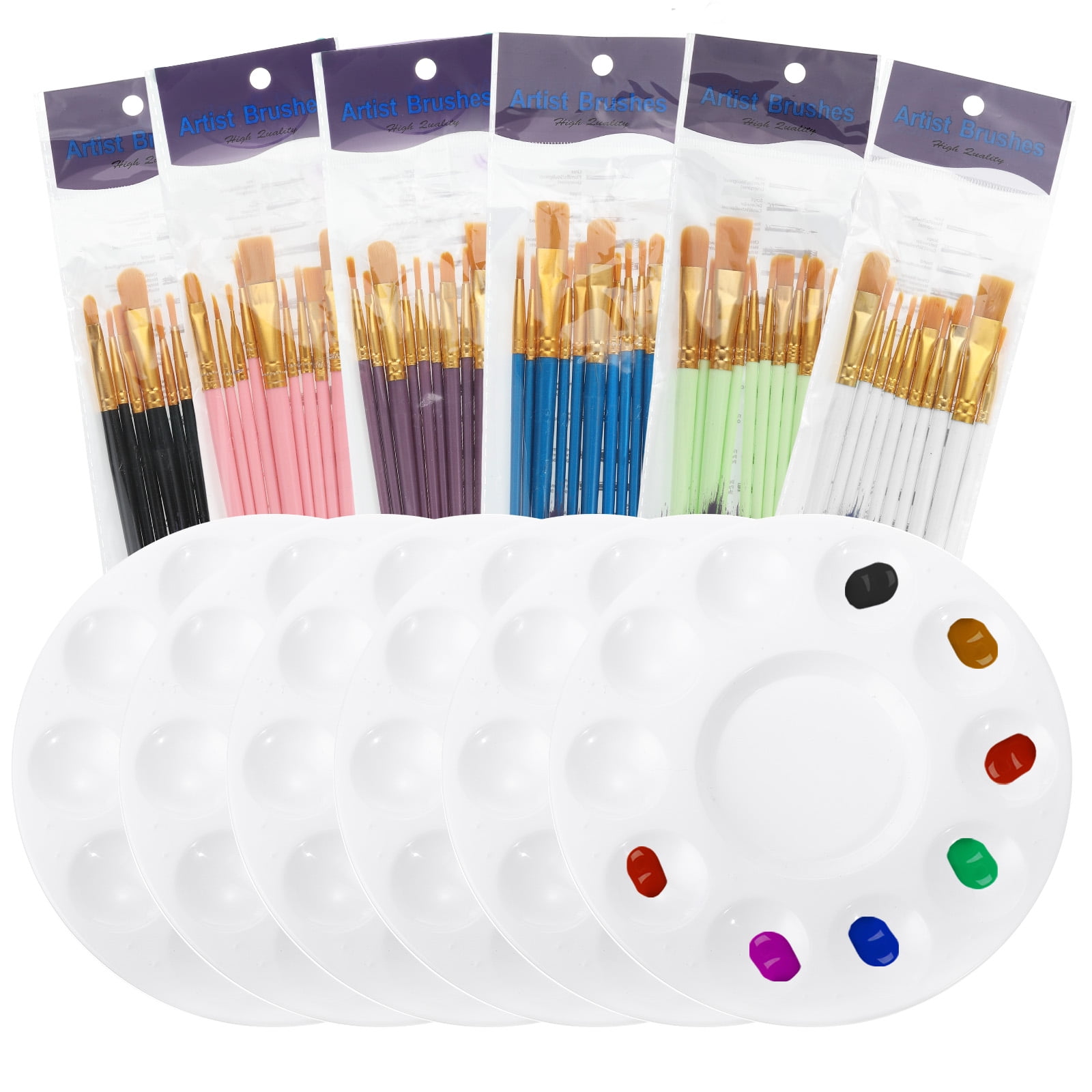 Painting Brush Palette Set with 60pcs Nylon Hair Paint Brushes and 6pcs Round Paint Tray Palette for Oil Watercolor Art, 6 Colors