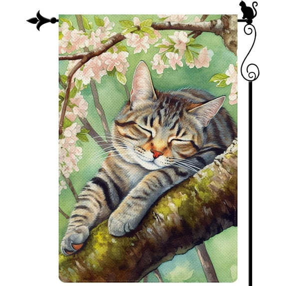 Painting of a Cat in the Cherry Blossoms Spring Garden Flag Vertical Double Sided Spring Summer Garden Flag Seasonal Rustic Yard Lawn Outdoor Decor 12.5x18 Inches