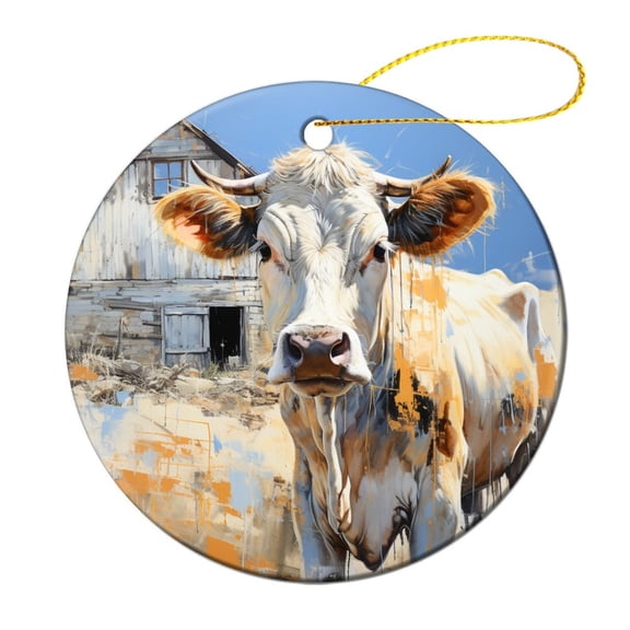 A Painting of A Cow And A Barn Christmas Ornament Funny Farmhouse Animal Circle Ornament Xmas Holiday Keepsake Christmas Tree Decoration Gifts Keepsake for Family