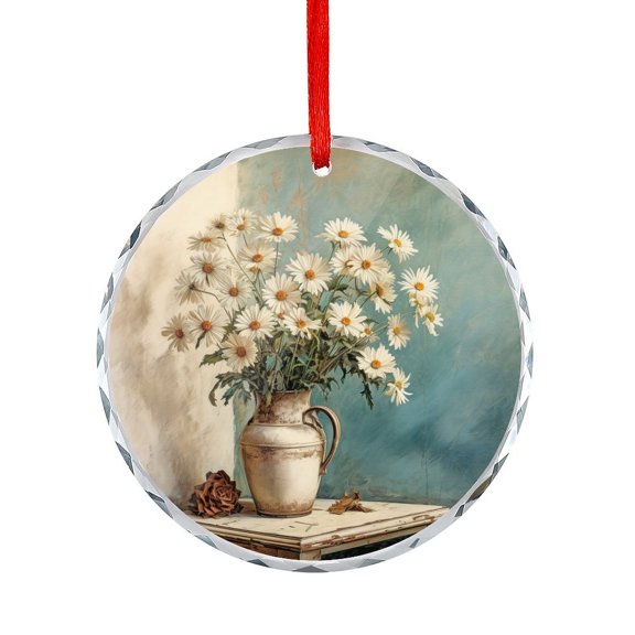 Painting Of Daisy Flower Vase Glass Christmas Ornament Holiday Ornaments Decoration for Home Daisy Spring Summer Bloom Floral Crystal Glass Christmas Decor with Holiday Design