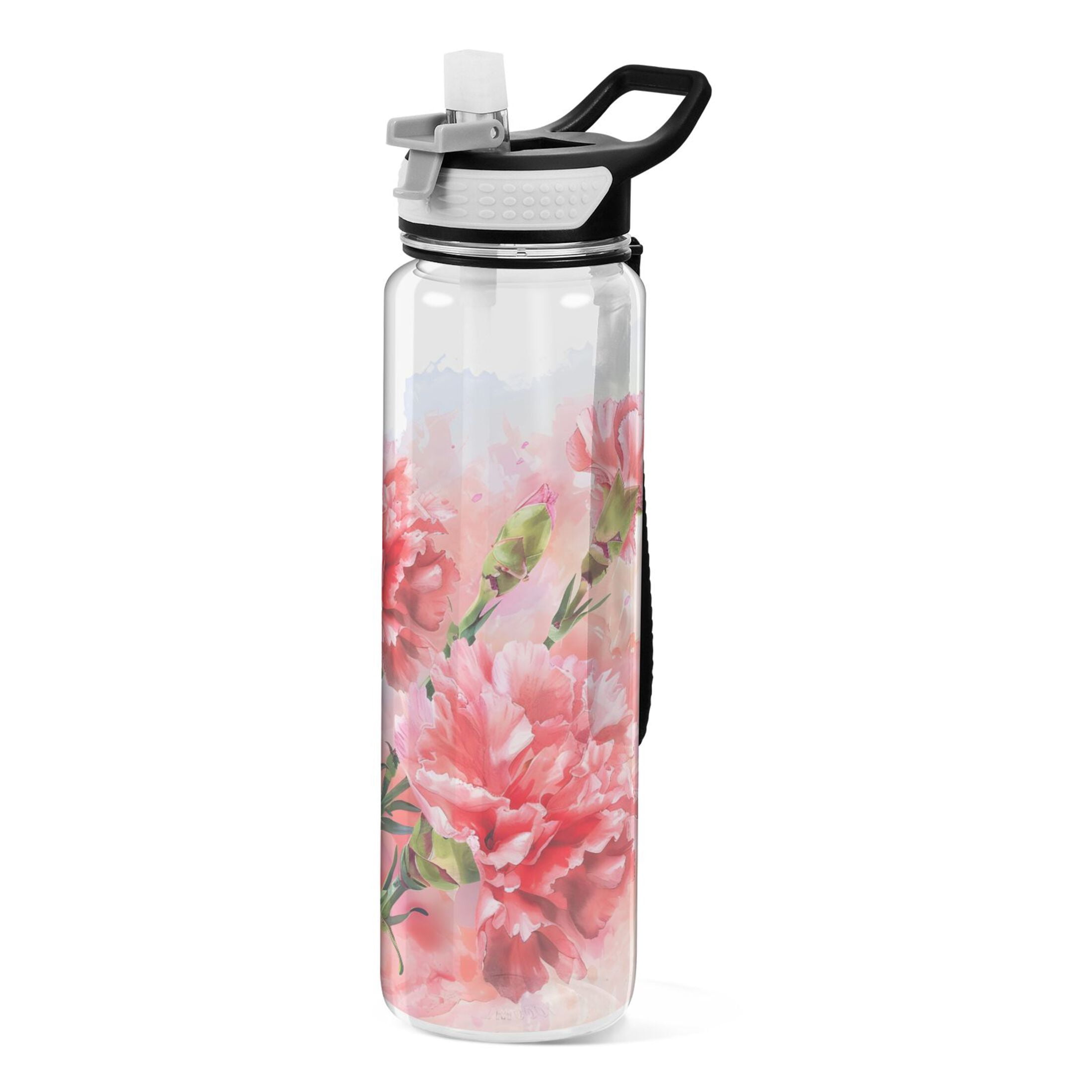 Painting Flowers Carnation Sports Water Bottle Portable Travel Mug 32oz BPA Free Leak Proof Straw Transparent Tritan for Gym Yoga Cycling Camping