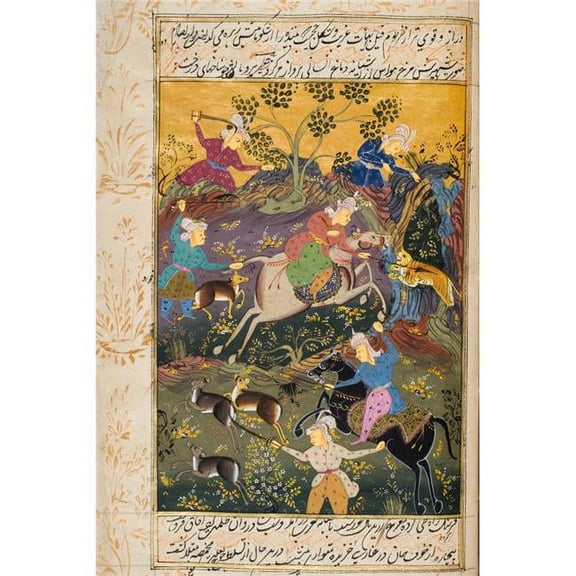 Painting From 17Th Century Persian Manuscript Hunters Mounted And On Foot Killing Deer And Tiger Poster Print