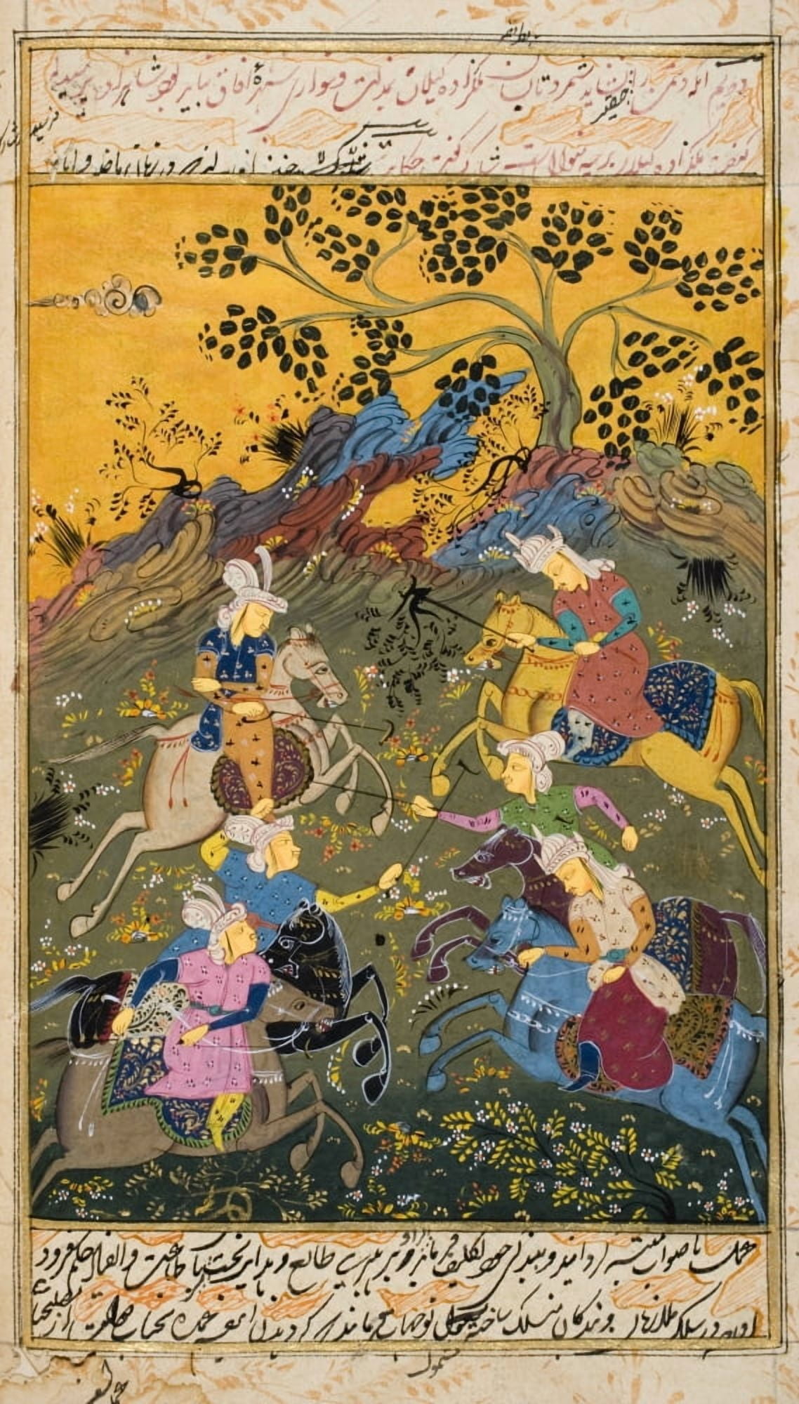Painting From 17Th Century Persian Manuscript Men On Horseback Apparantly Playing Polo Canvas Art - Ken Welsh Design Pics (22 x 38)