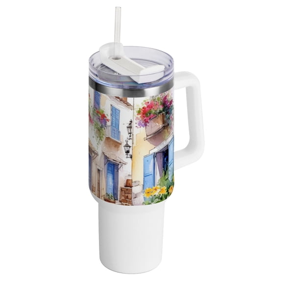 Painting Houses Flowers 40 oz Tumbler with Handle Insulated&nbsp;Travel Mug&nbsp;Lid Straw Leak Proof Steel Vacuum Water Bottles Glasses Fits in Car Cup Holder