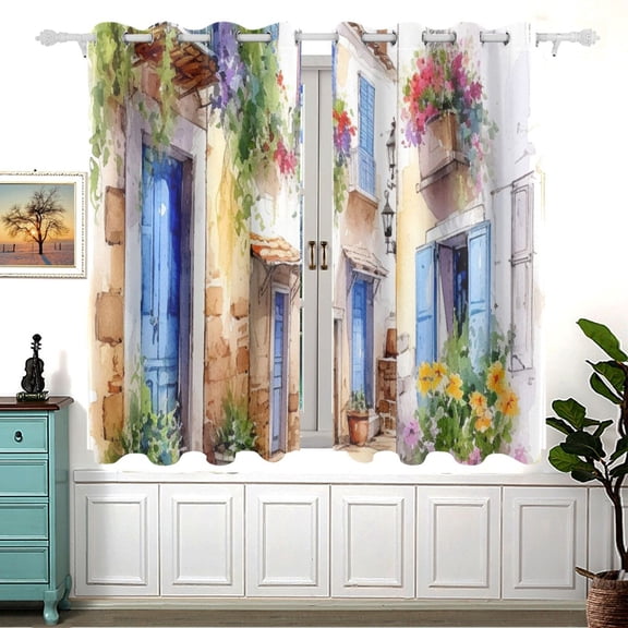 Painting Houses Flowers 5455 Inch Black Out Curtains 2 Packs Aesthetic for Bedroom Living Room Sliding Glass Doors Kitchen Windows