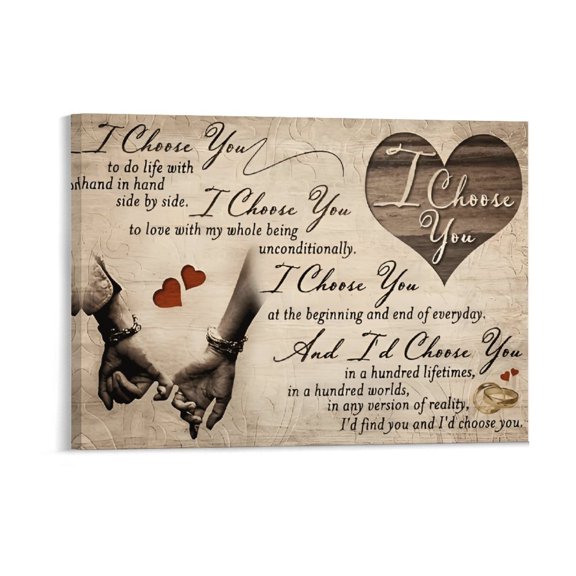 Painting I Choose You To Do Life With Hand In Hand Side By Side Couple Poster Wrapped Wooden Frame Wall Decor,,Canvas Wall Art for Living Room,Bedroom,Office,Ready to Hang