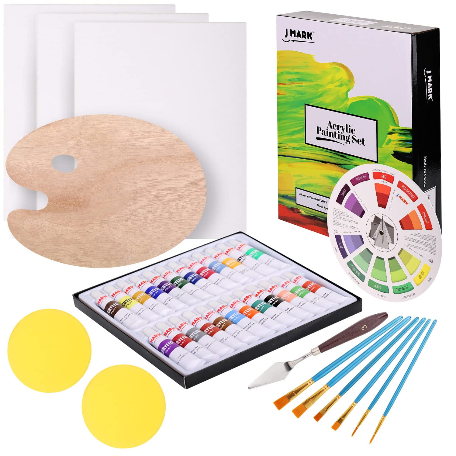 J Mark Art Canvas Paint Set Supplies - 22-Piece Canvas Acrylic Painting Kit with Wood Easel, 8x10 inch Canvases, 12 Non Toxic Washable Paints, 5 Brush
